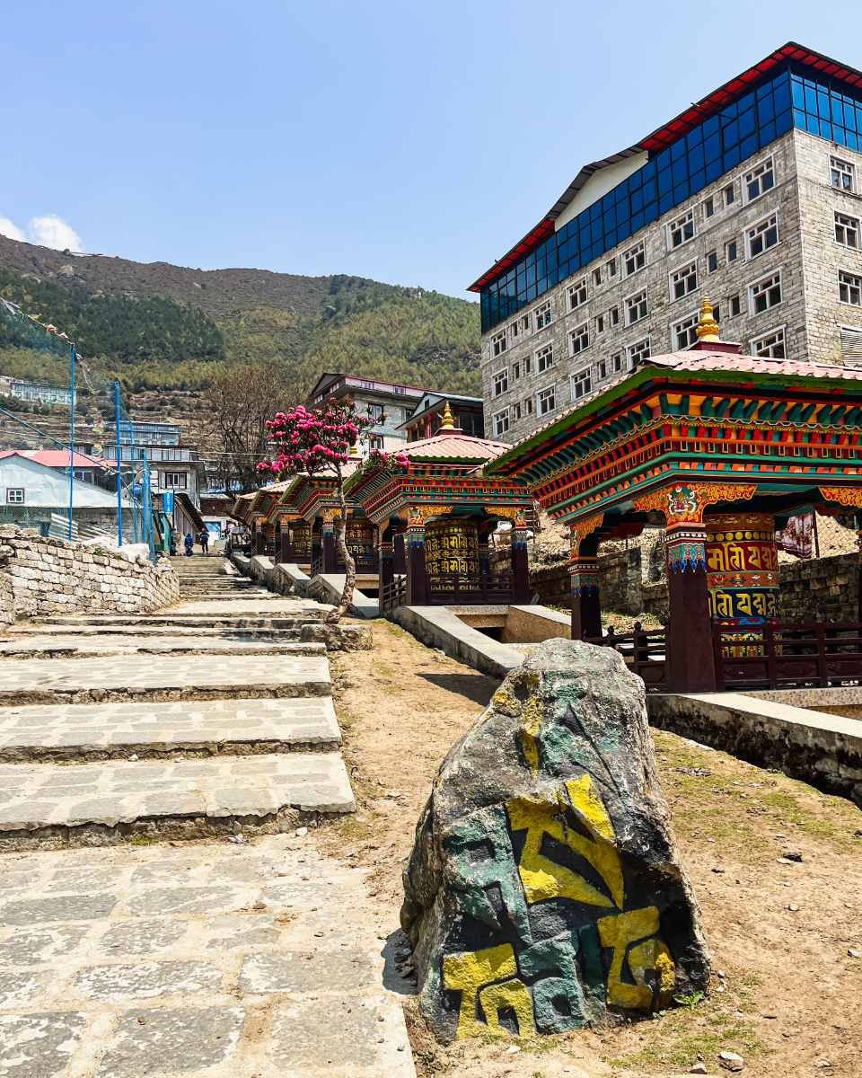 Trekker with gear on Everest Base Camp trail Khumbu