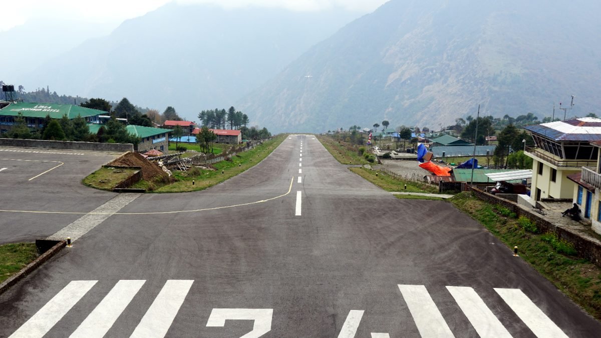 Aerial view of Lukla Airport mountain Nepal approach